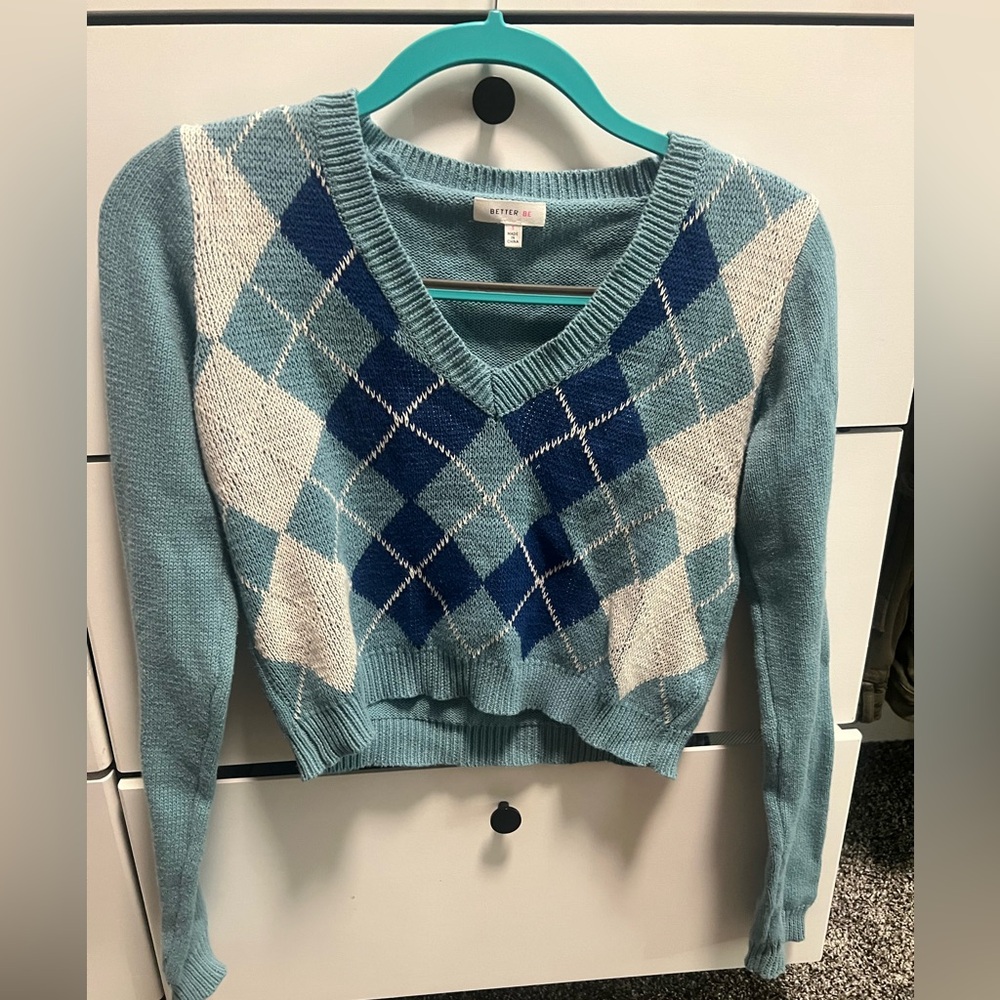 BLUE ARGYLE DIAMOND CROPPED SWEATER